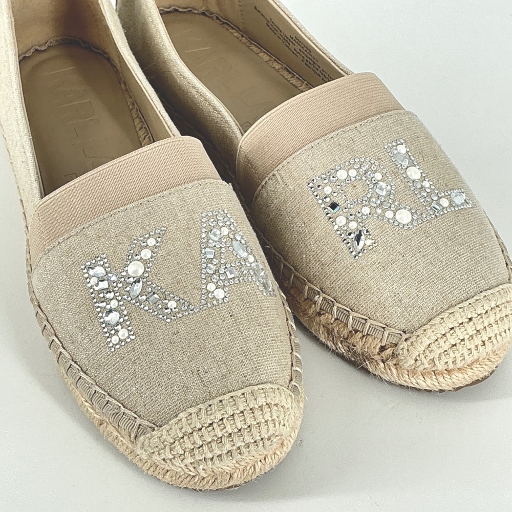 Karl Lagerfeld Paris Size 6 Manika Espadrille Flats‎ Beige Rhinestone Logo
